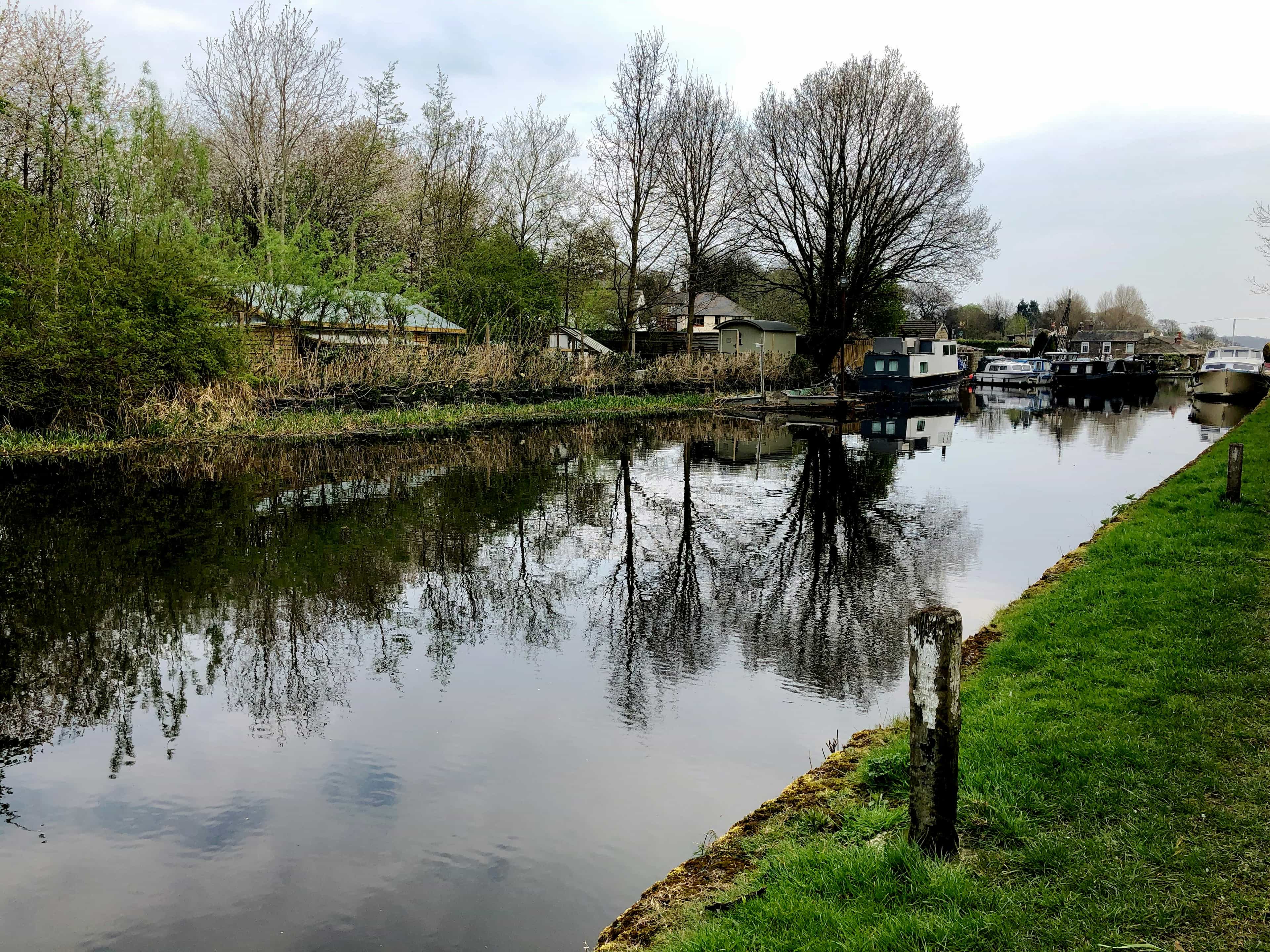 Canal river with trees and blue sky in the background